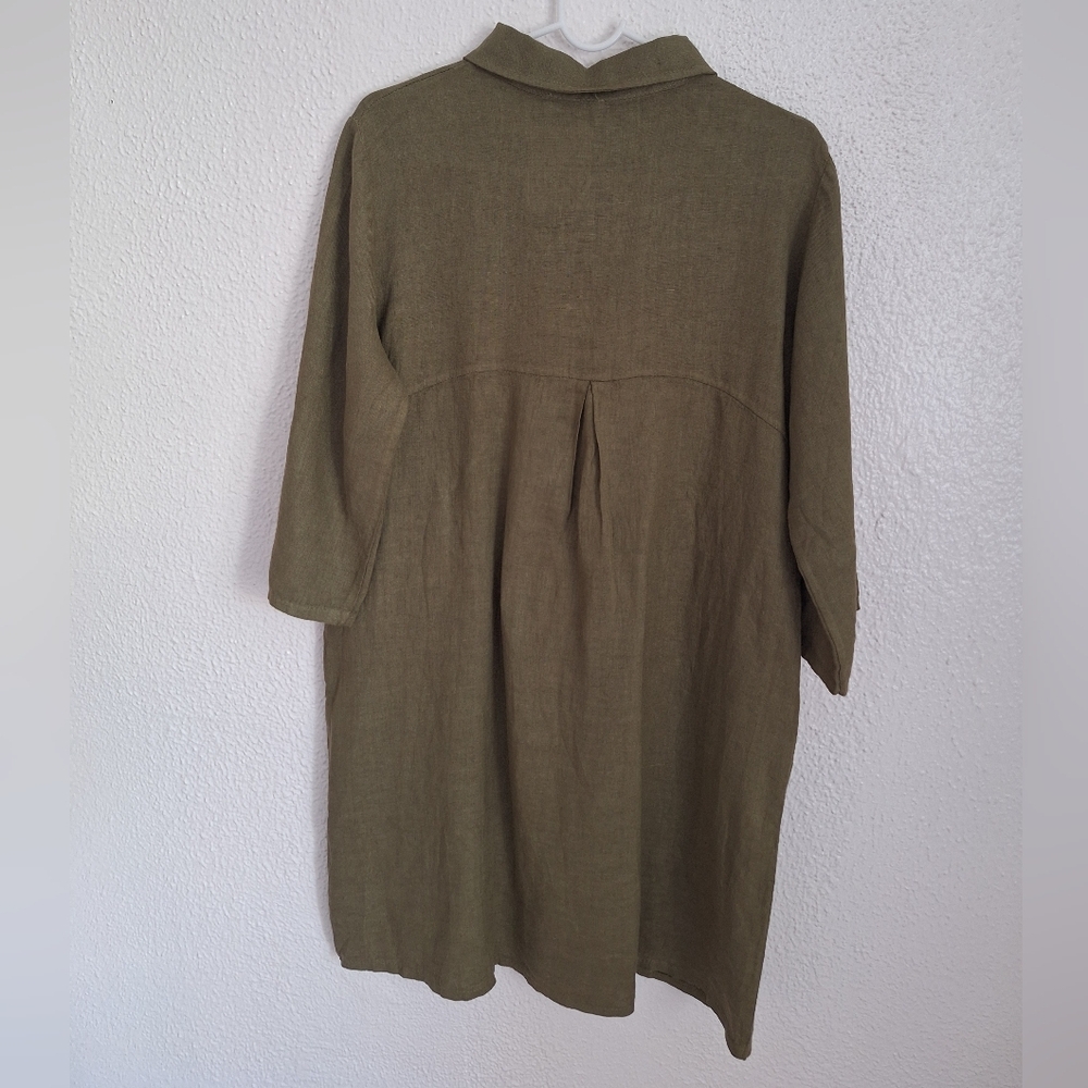 NWT ELENA BALDI LINEN Chic Olive Green Button-Up Midi Dress made Italy - Picture 3 of 8